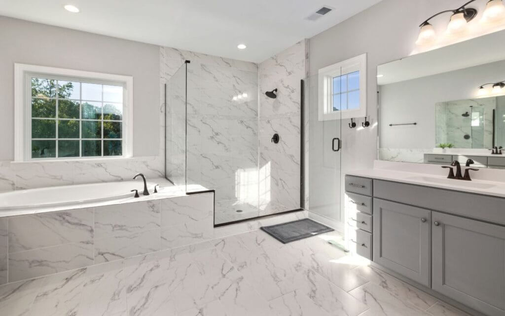 Modern bathroom décor with clean white design, minimalist fixtures, and a calm spa-like atmosphere