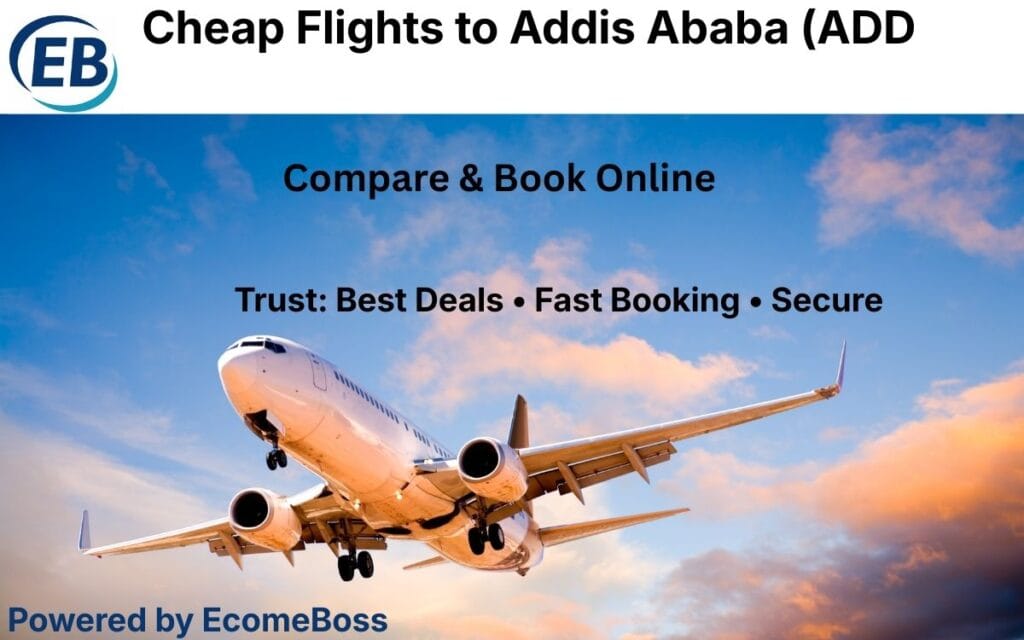 Cheap flights to Addis Ababa (ADD) – airplane flying over Addis skyline at sunset, compare and book online