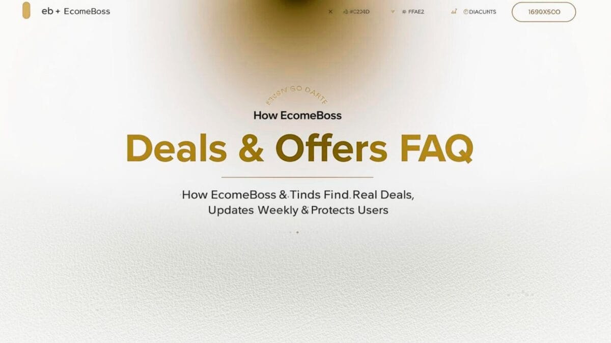 Deals & Offers FAQ hero image for EcomeBoss showing luxury gold design explaining how EcomeBoss finds real deals and updates weekly
