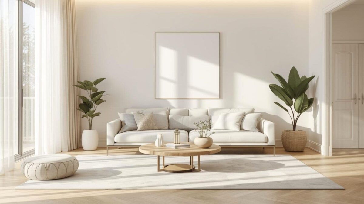 Bright modern home decor living room with neutral colors and minimalist furniture