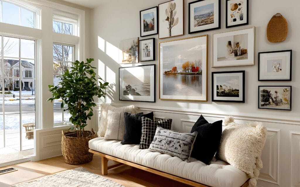 wall art ideas for home with modern gallery wall in a stylish living room