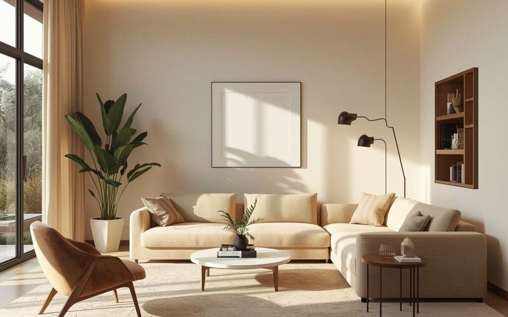 Modern living room decor with neutral colors, minimalist furniture, warm lighting, and indoor plants